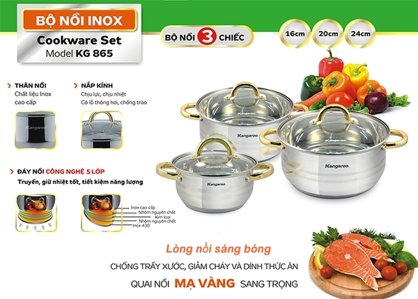 Bộ 3 nồi Inox cao cấp 5 lớp KG865