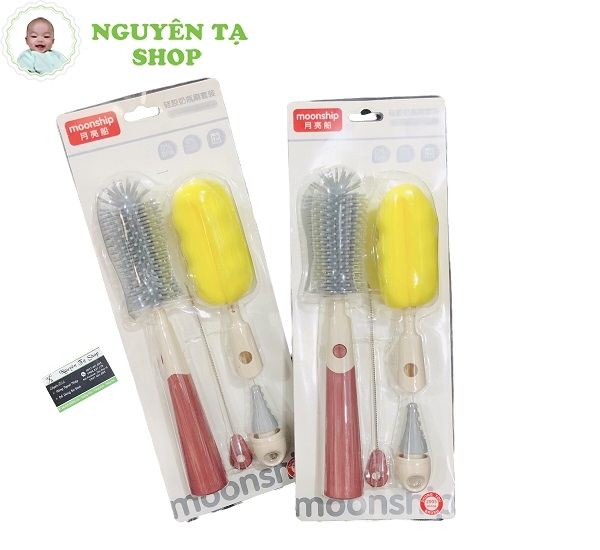 Cây xúc bình 3in1 Silicon, Mút và que rửa núm, ống hút MoonShip