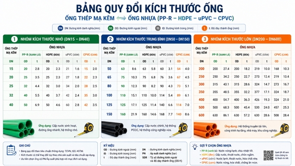 Bảng quy đổi DN sang inch mm phi cho ống thép và ống kim loại