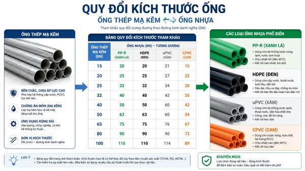 Bảng quy đổi DN sang mm inch phi cho ống thép và ống nhựa kỹ thuật