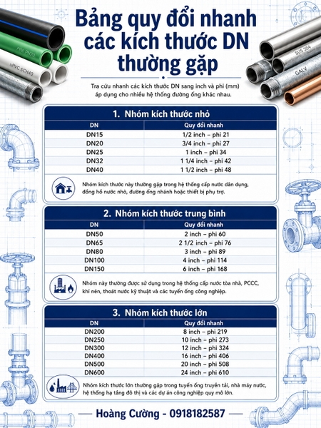 Bảng quy đổi nhanh các kích thước DN thường gặp (nhóm kích thước 'nhỏ - trung bình - lớn')