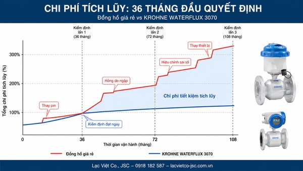 Biểu đồ chi phí tích lũy đồng hồ nước giá rẻ so với KROHNE WATERFLUX 3070 qua các chu kỳ kiểm định 36 tháng