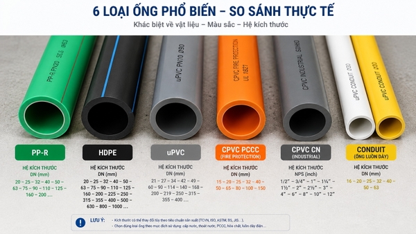 Các loại ống nhựa kỹ thuật PPR HDPE uPVC CPVC PVC Conduit và hệ kích thước tương ứng