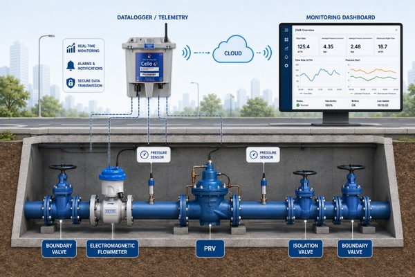 Cấu hình DMA chuẩn gồm flowmeter pressure logger PRV datalogger và dashboard giám sát mạng lưới cấp nước