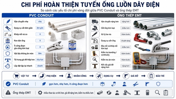 So sánh chi phí vòng đời PVC Conduit và ống thép luồn dây điện