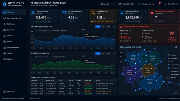 Dashboard giám sát lưu lượng khai thác nước và cảnh báo xâm nhập mặn real-time