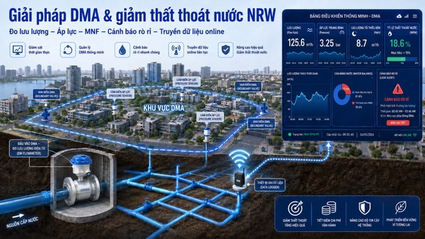 Giải pháp DMA giảm thất thoát nước NRW bằng đồng hồ tổng cảm biến áp lực datalogger và phân tích lưu lượng ban đêm