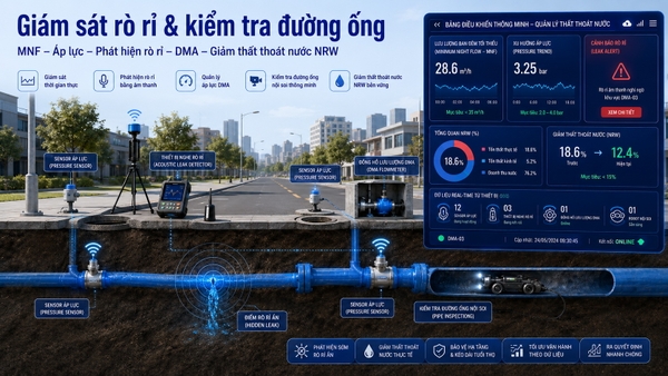 Giải pháp dò tìm rò rỉ và kiểm tra đường ống cấp nước bằng thiết bị dò âm áp lực DMA và phân tích lưu lượng ban đêm