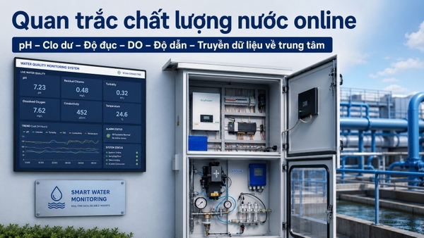 Giải pháp quan trắc chất lượng nước online đo pH Clo dư độ đục DO độ dẫn và truyền dữ liệu về trung tâm