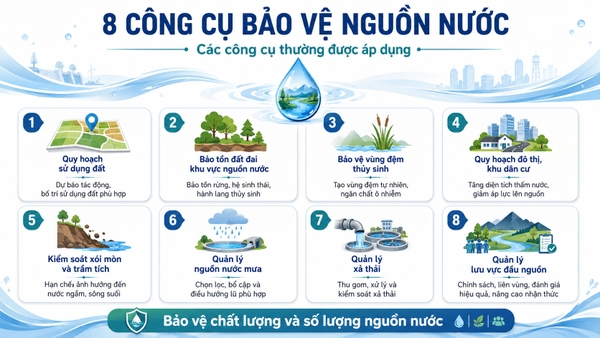 Infographic 8 công cụ bảo vệ nguồn nước – quy hoạch, vùng đệm, xả thải, nước mưa, lưu vực đầu nguồn