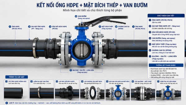 Kết nối ống nhựa HDPE với van bướm mặt bích thép qua stub end