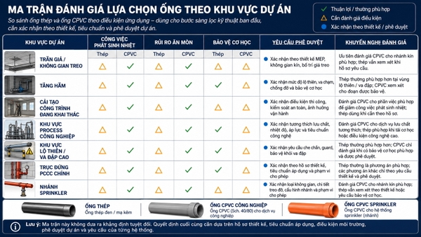 Ma trận lựa chọn ống thép và CPVC theo điều kiện công trình