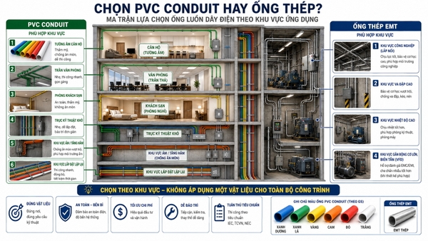 Ma trận lựa chọn PVC Conduit và ống thép theo khu vực công trình