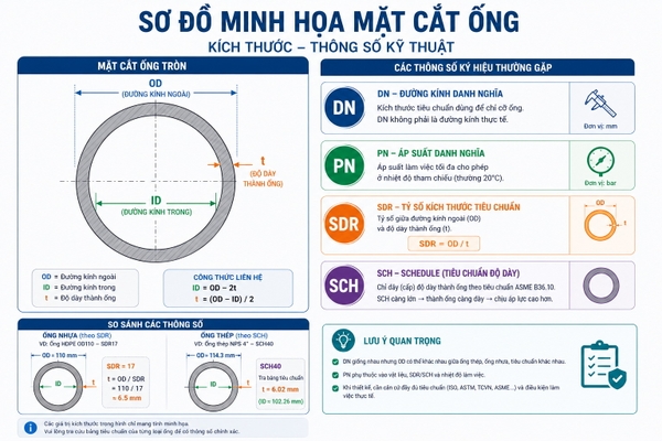 Sơ đồ mặt cắt ống giải thích OD ID DN PN SDR SCH