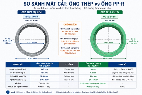 So sánh đường kính ngoài ống thép DN50 và ống nhựa PPR D63