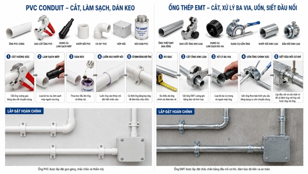 So sánh kỹ thuật kết nối PVC Conduit và ống thép EMT