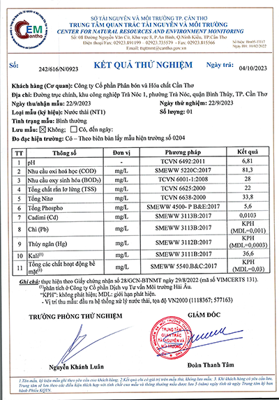 CFC - Kết quả quan trắc môi trường quý III - IV năm 2023
