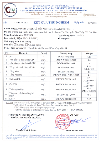 Kết quả quan trắc môi trường quý III - 2024 - CFC