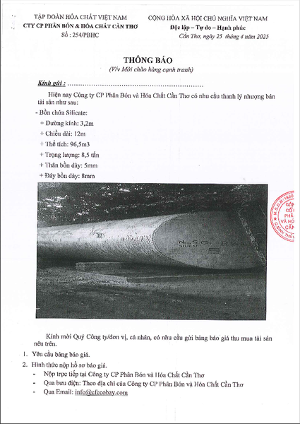 Thông báo bán - Bồn Thép Chuyên Dụng