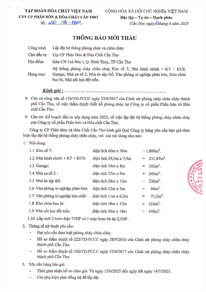 CFC - Thông báo mời thầu hệ thống PCCC