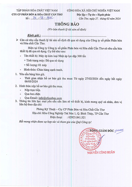 Thông báo - V/v Bán thanh lý tài sản cố định