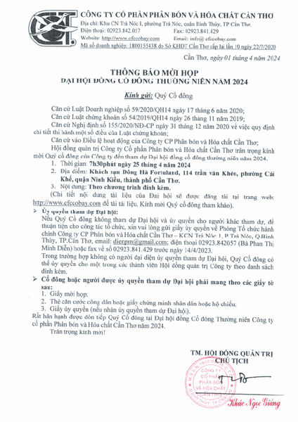 Thư mời họp - Đại Hội Cổ Đông 2024