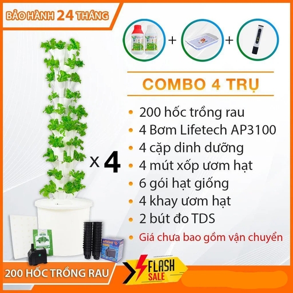 Combo 4 Trụ đứng Trồng Rau Thủy Canh kèm 4 cặp DD/Bơm/mút xốp/Hạt giống/Khay ươm