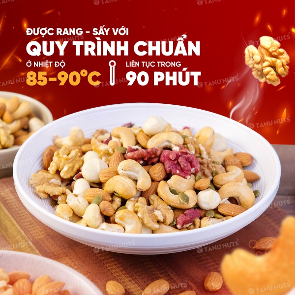Hạt dinh dưỡng mix 6 loại TANU NUTS ,hạt ngũ cốc bà bầu gồm macca, óc chó vàng - đỏ, hạnh nhân, bí xanh, hạt điều
