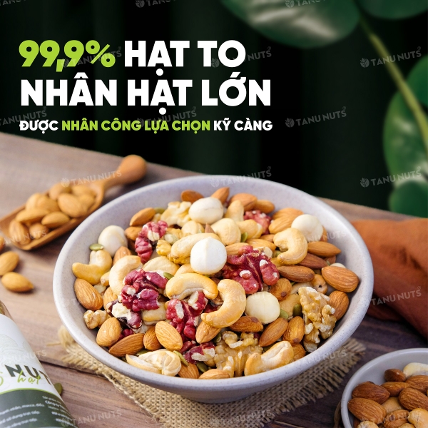 Hạt dinh dưỡng mix 6 loại TANU NUTS ,hạt ngũ cốc bà bầu gồm macca, óc chó vàng - đỏ, hạnh nhân, bí xanh, hạt điều