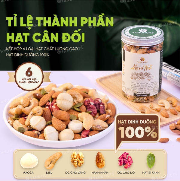 Hạt dinh dưỡng mix 6 loại TANU NUTS ,hạt ngũ cốc bà bầu gồm macca, óc chó vàng - đỏ, hạnh nhân, bí xanh, hạt điều