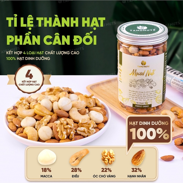 Hạt dinh dưỡng mix 4 loại TANU NUTS  hạt ngũ cốc bà bầu gồm hạt macca, óc chó, hạnh nhân, hạt điều