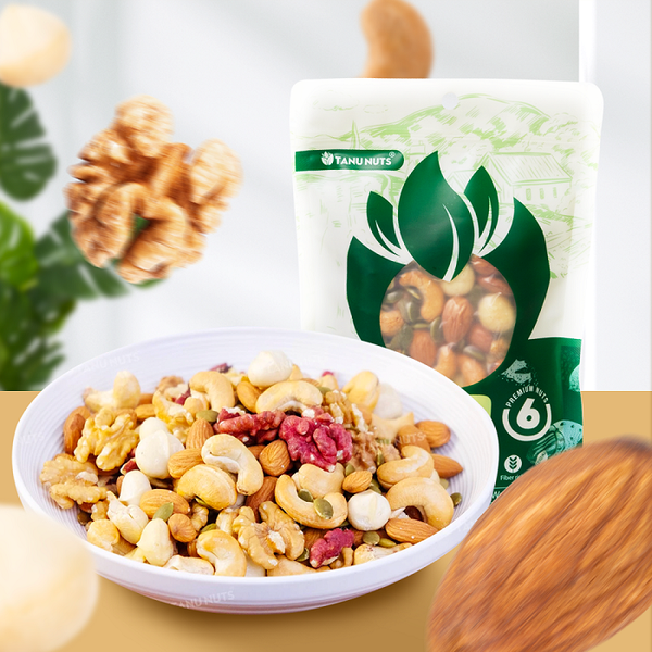 Hạt dinh dưỡng mix 6 loại TANU NUTS ,hạt ngũ cốc bà bầu gồm macca, óc chó vàng - đỏ, hạnh nhân, bí xanh, hạt điều