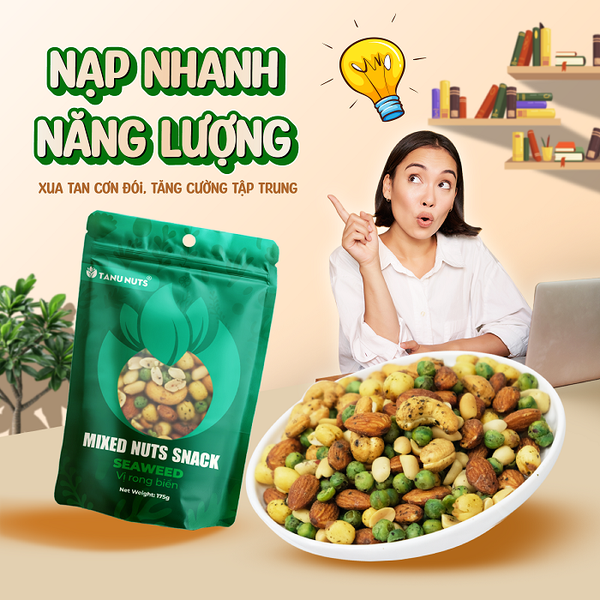 Snack hạt dinh dưỡng mix tẩm vị TANU NUTS túi 175g, mix hạt tẩm vị ăn vặt healthy cho văn phòng, trẻ nhỏ, ăn kiêng