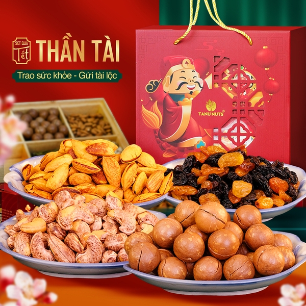 Hộp quà tết Thần Tài TANU NUTS, set quà tặng Tết hạt dinh dưỡng sang trọng