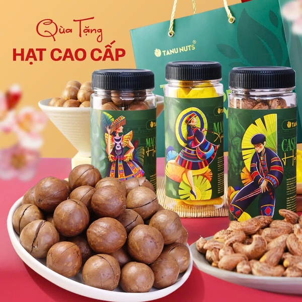 Set quà 3 hũ hạt 250g TANU NUTS, quà tặng hạt dinh dưỡng gồm macca, điều, dẻ cười, xoài sấy sang trọng.