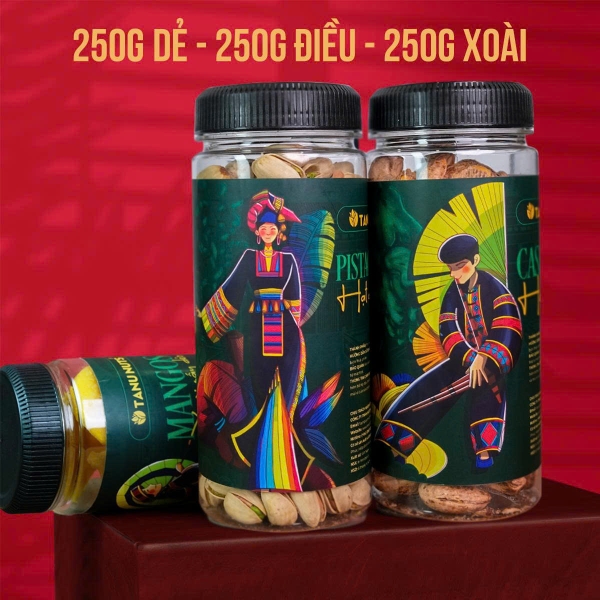 Set quà 3 hũ hạt 250g TANU NUTS, quà tặng hạt dinh dưỡng gồm macca, điều, dẻ cười, xoài sấy sang trọng.