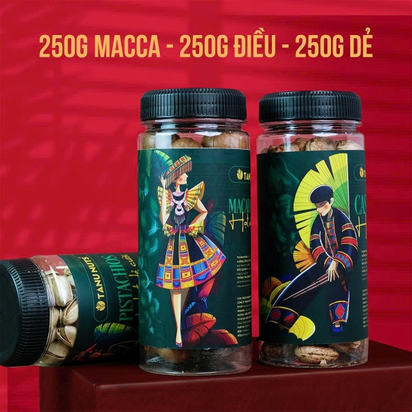 Set quà 3 hũ hạt 250g TANU NUTS, quà tặng hạt dinh dưỡng gồm macca, điều, dẻ cười, xoài sấy sang trọng.