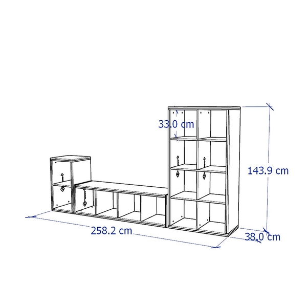 FELIX, COMBO Kệ TV kết hợp kệ sách, trưng bày đa năng SHE_046, 258x38x144cm