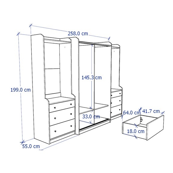 BAHIA, COMBO Tủ đựng quần áo kèm tủ quần áo treo WAR_029, 258x55x199cm