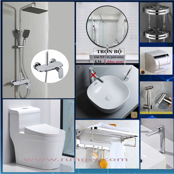 Trọn bộ combo thiết bị vệ sinh phòng tắm 105A - Bồn cầu, lavabo, sen cây, phụ kiện inox 304 cao cấp - Chính hãng Ruhger, bảo hành dài hạn