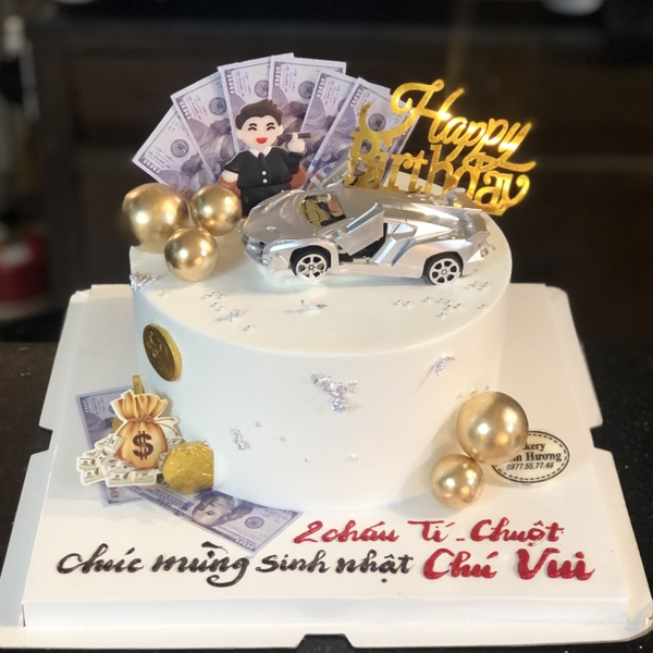 Bánh kem siêu xe mở cánh, sếp ngồi ghế, tiền đô đồng tiền vàng [MS: 0153]