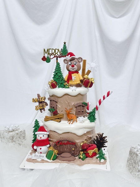 [MS:246] Bánh 2 tầng chủ đề Giáng sinh(Noel) Fondant chú tuần lộc dễ thương, người tuyết