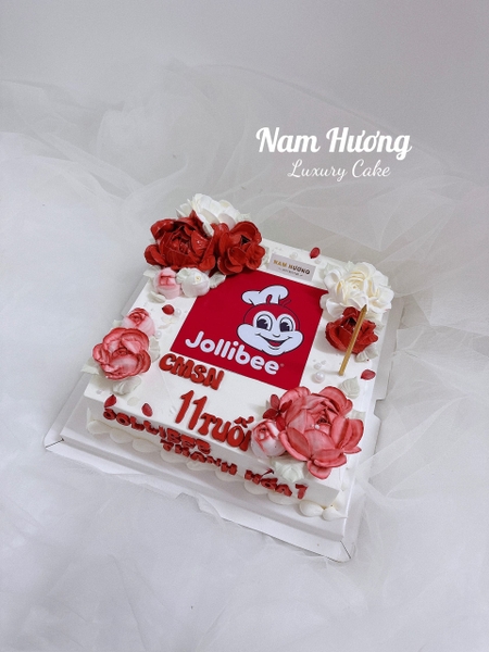Bánh vuông hoa hồng kem, in logo thương hiệu, gắn chữ nổi [MS: 0268]