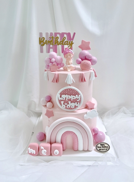 Bánh kem Fondant Em bé hồng, cầu vồng mây hồng nặn Fondant [MS272]