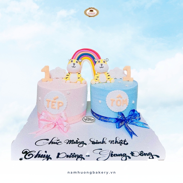 Bánh đôi Hồng_Xanh cho bé sinh đôi Nam Nữ tuổi Hổ _Fondant [MS: 0202]