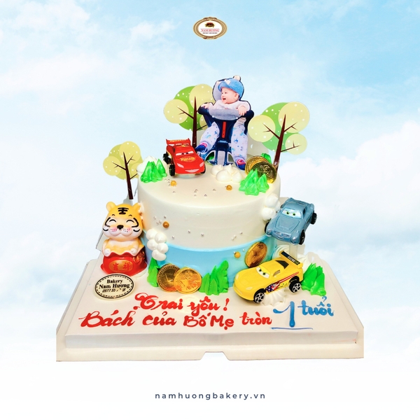 Bánh kem hổ nhựa ô tô đường đua, in ảnh cho bé tuổi Dần đầy năm, thôi nôi [MS: 0208]