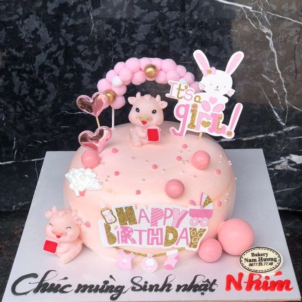 Bánh thôi nôi, sinh nhật hình cầu cho bé gái tuổi Trâu trang trí dễ thương với cổng bông hồng và bóng ( như hình 20cm) MS: 0001