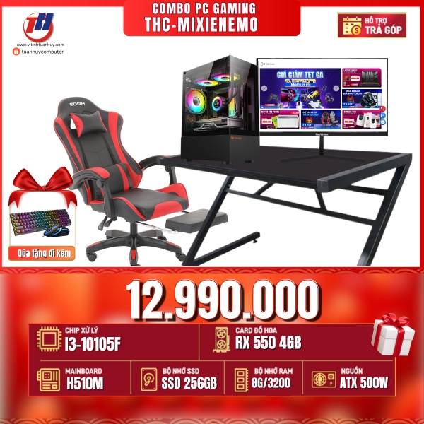 THC-NEMO 28 V2 PC Gaming Case bễ cá + Bộ bàn ghế Gaming i3-10105F/ VGA RX550 4G + Màn hình LCD 24inch 100Hz