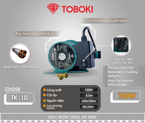 Máy bơm nước tăng áp Nhật TOBOKI 100W TK-10