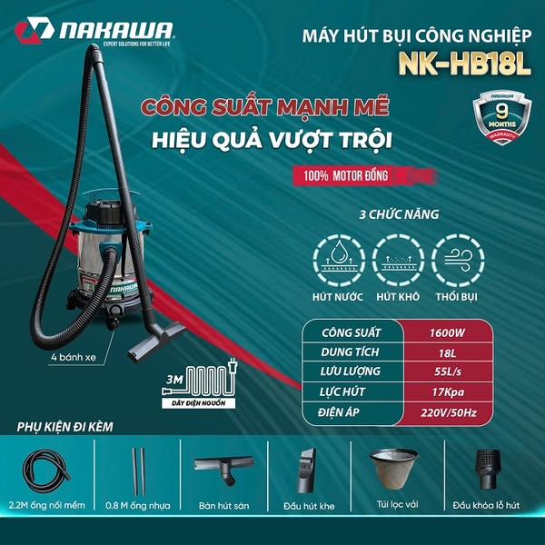 Máy hút bụi Nakawa 1600W 18L NK-HB18L khô ướt thổi bụi